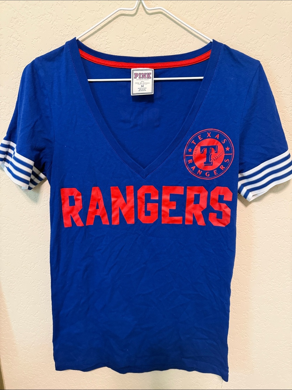PINK Victoria's Secret Blue Texas Rangers V-Neck Tee with Red Lettering